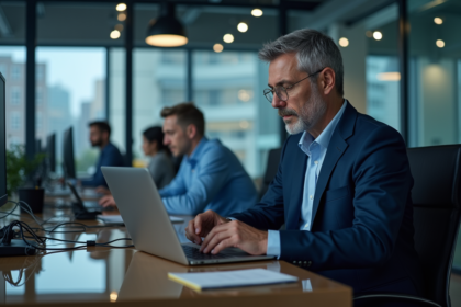 Homme d'informatique en costume dans un bureau moderne