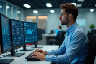 Jeune homme en informatique vérifiant la sécurité réseau