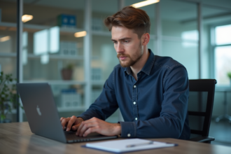 Jeune homme professionnel vérifiant un certificat de securite sur son ordinateur