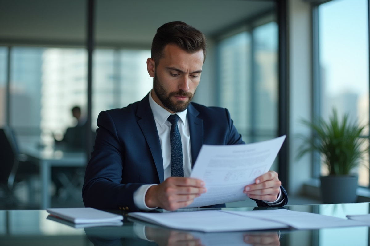 Homme en costume navy examine un rapport de securite informatique