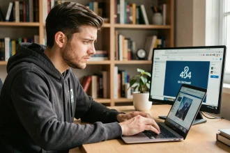 Homme cherchant une nouvelle adresse de site sur son ordinateur portable avec un message d'erreur 404 affiché