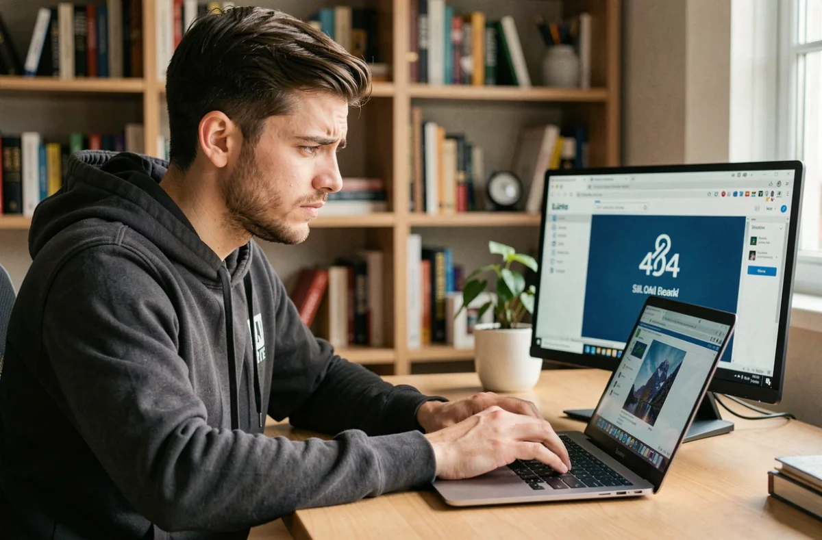 Homme cherchant une nouvelle adresse de site sur son ordinateur portable avec un message d'erreur 404 affiché