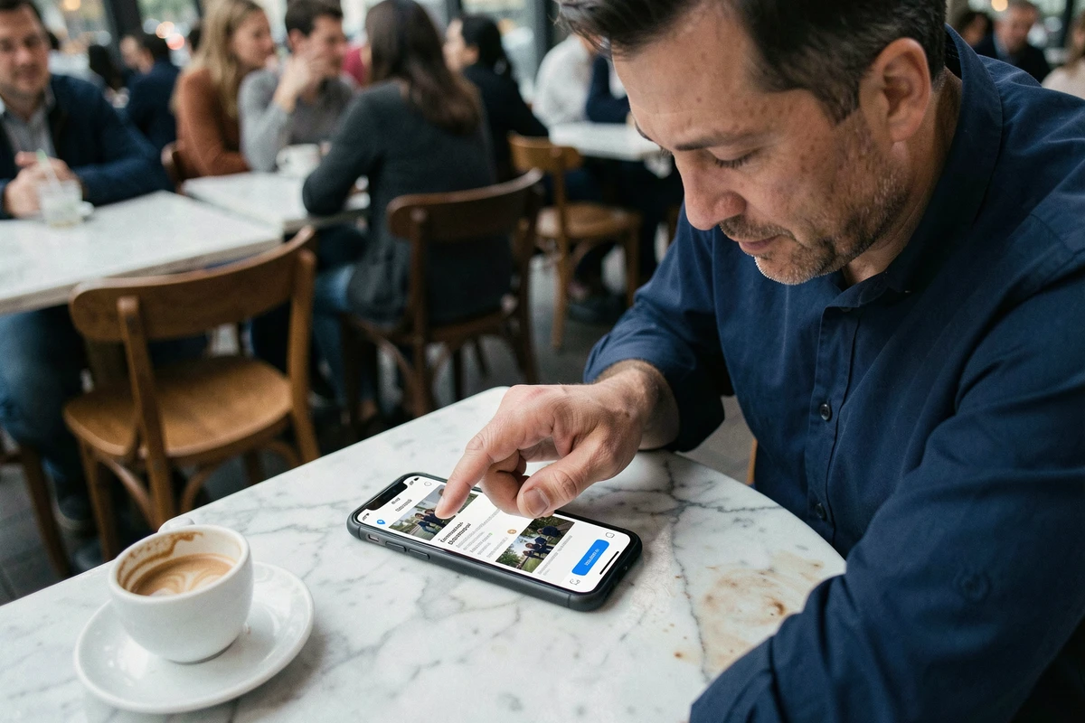 Homme utilisant une application de recherche par photo sur smartphone dans un café