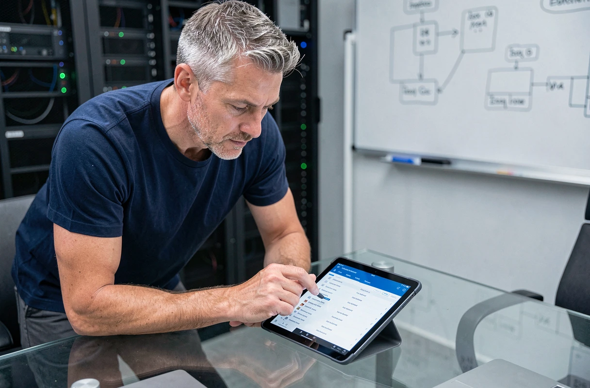 Homme utilisant une interface de récupération de données sur tablette pour tenter de restaurer des SMS supprimés dans un environnement technologique
