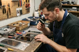 Technicien réparateur examinant un écran fissuré d'iPhone 11 dans un atelier de réparation professionnelle