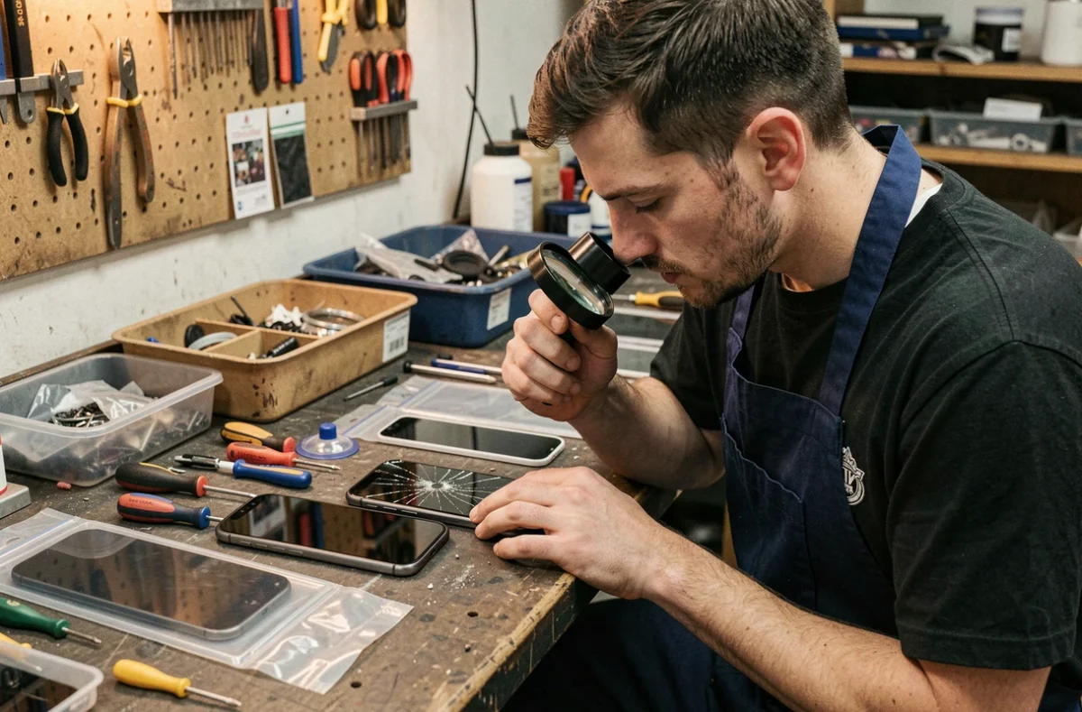 Technicien réparateur examinant un écran fissuré d'iPhone 11 dans un atelier de réparation professionnelle