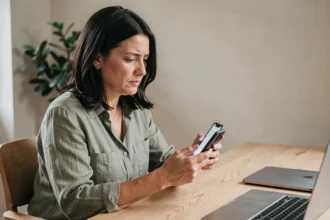 Femme consultant un smartphone affichant une boîte de messages SMS vide après suppression, dans un bureau à domicile minimaliste
