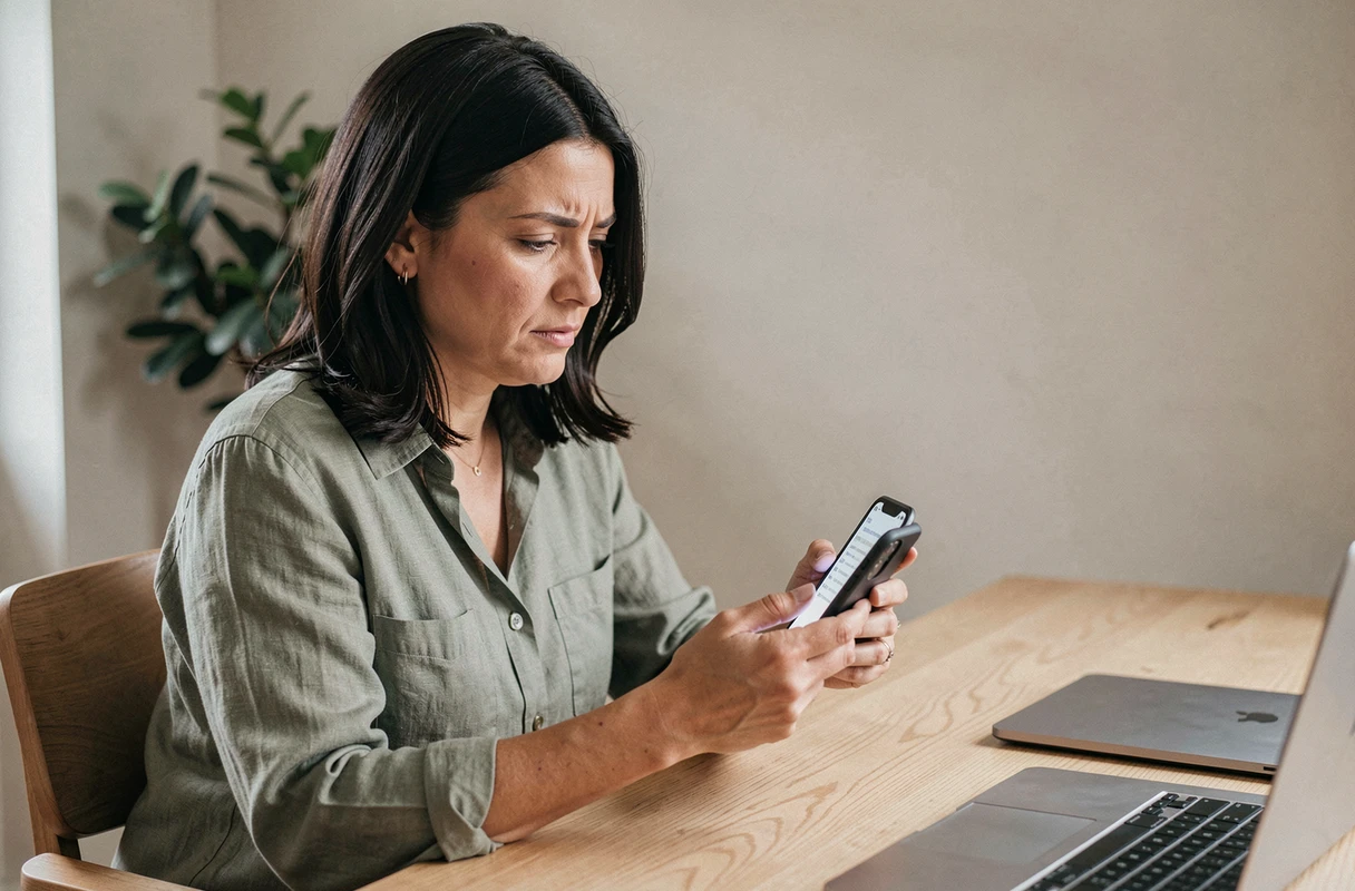 Femme consultant un smartphone affichant une boîte de messages SMS vide après suppression, dans un bureau à domicile minimaliste