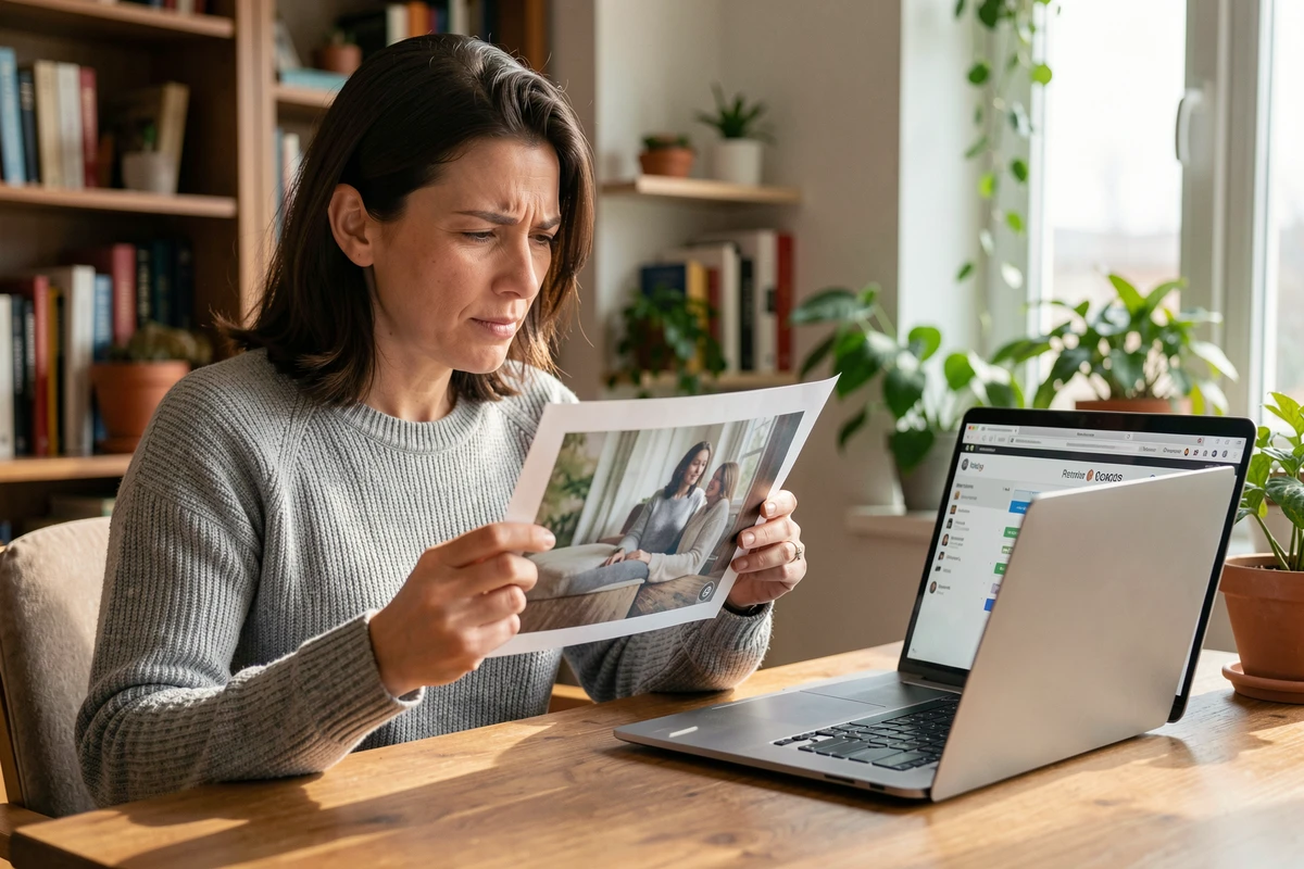 Femme tenant une photo imprimée devant un ordinateur portable effectuant une recherche par image inversée
