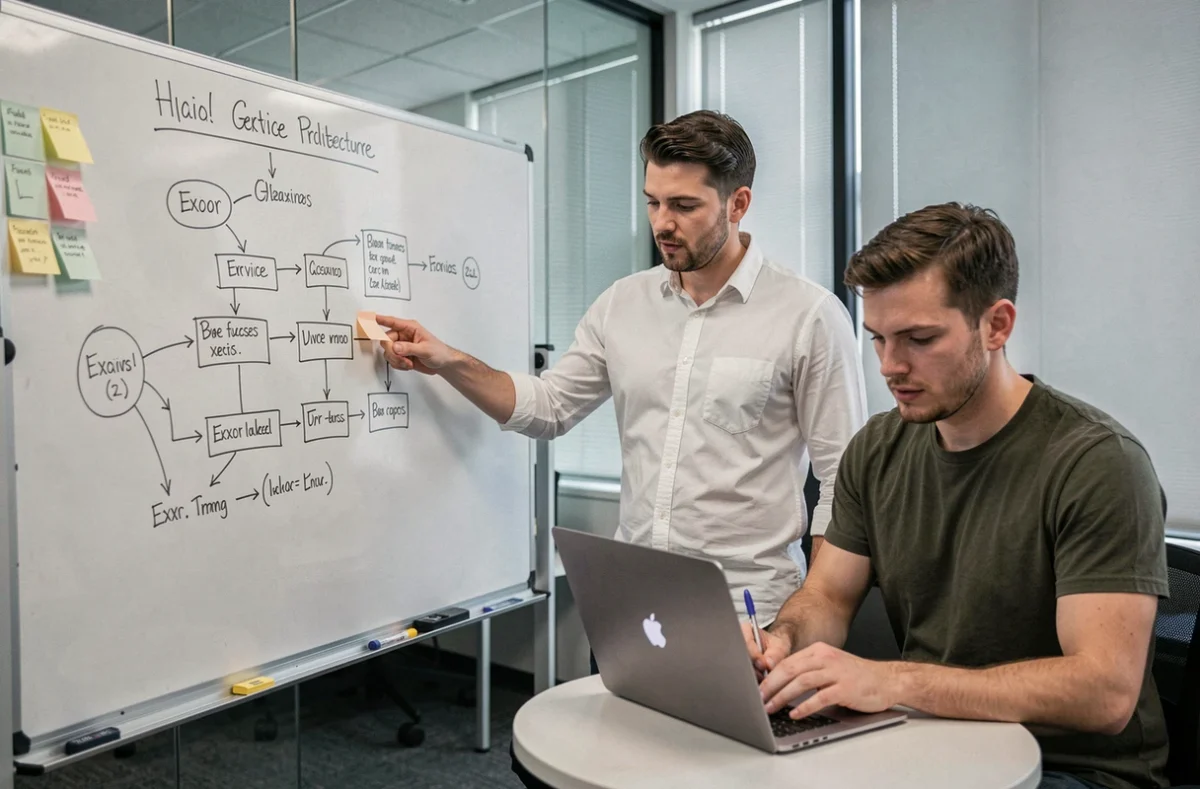 Deux ingénieurs en réunion analysant un schéma d'architecture de service et les réflexes à adopter face aux erreurs récurrentes en production
