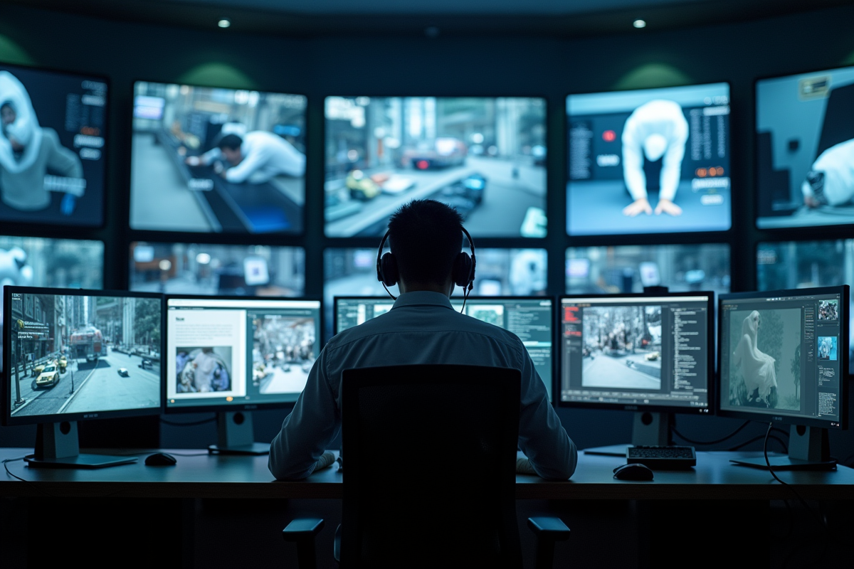 Salle de surveillance avec écrans et opérateur concentré