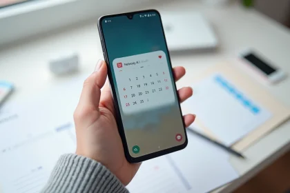 Femme tenant un Samsung Galaxy A51 affichant un calendrier avec une date de sortie