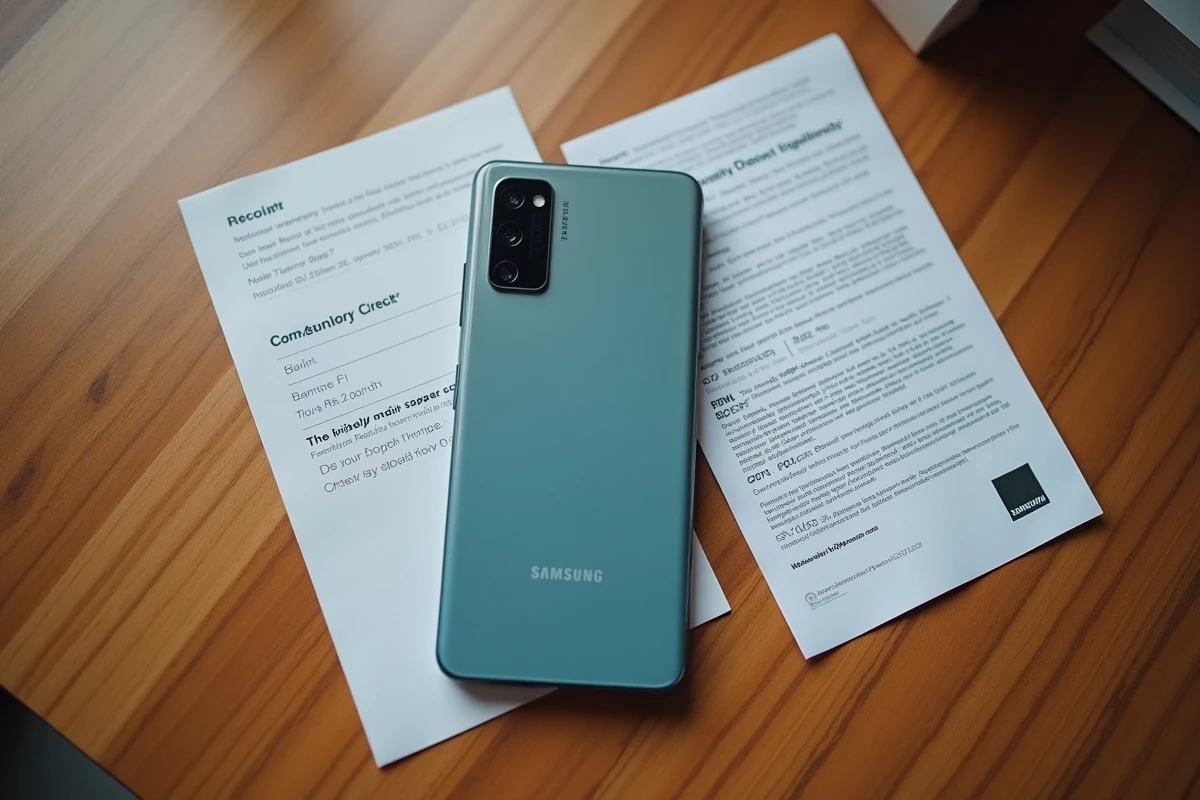 Samsung Galaxy A51 posé à côté d'un livret de garantie constructeur et d'une facture d'achat