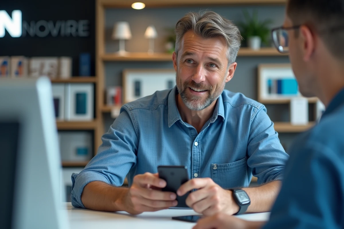 Client en service après-vente pour son Samsung Galaxy A51 discutant de la garantie avec un technicien