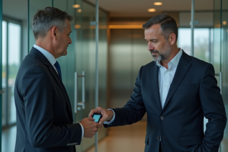 Homme d'affaires utilisant un scanner biométrique à l'entrée