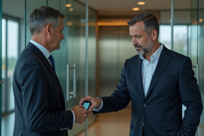 Homme d'affaires utilisant un scanner biométrique à l'entrée