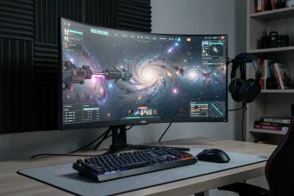 Setup gaming ultrawide 21/9 avec un moniteur incurvé affichant l'interface spatiale d'Eve Online 2 dans un bureau home office sombre et organisé
