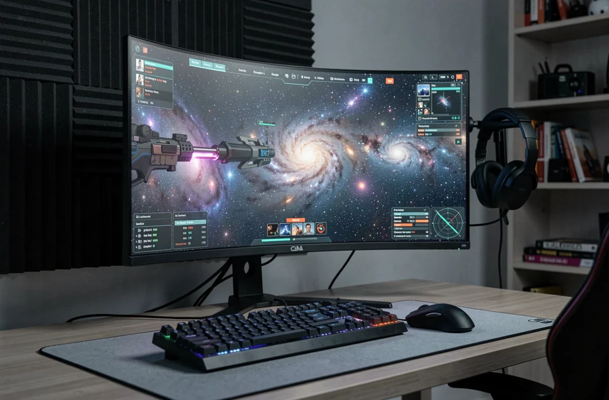 Setup gaming ultrawide 21/9 avec un moniteur incurvé affichant l'interface spatiale d'Eve Online 2 dans un bureau home office sombre et organisé