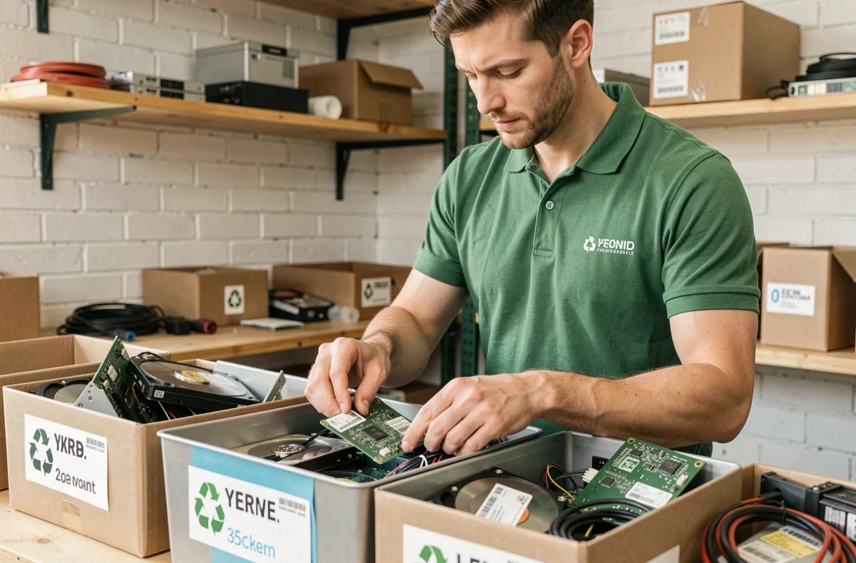 Technicien de Solucetech triant des composants électroniques recyclables dans un atelier écoresponsable