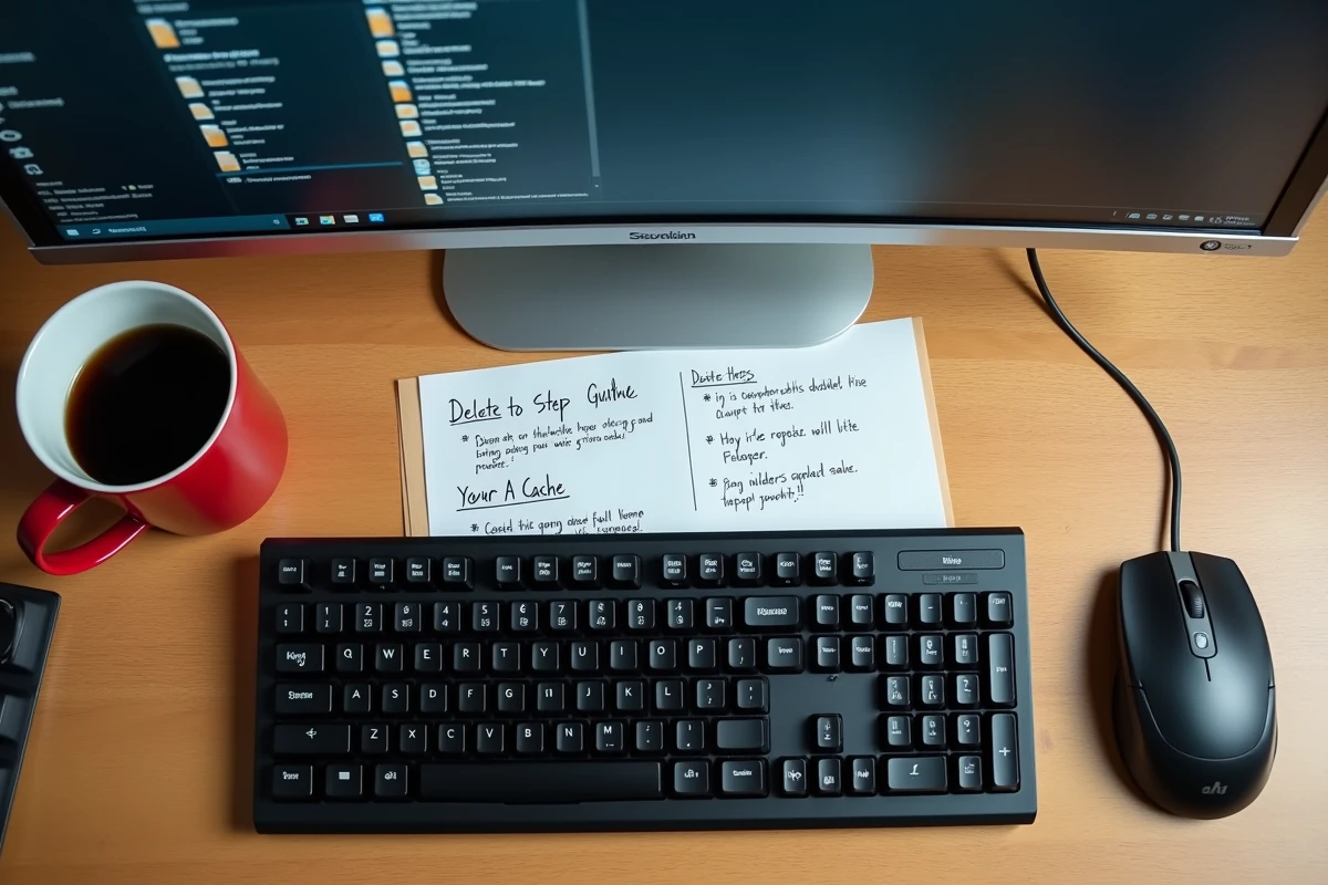 Vue aérienne d'un bureau avec clavier, guide imprimé et écran montrant la suppression du cache FiveM