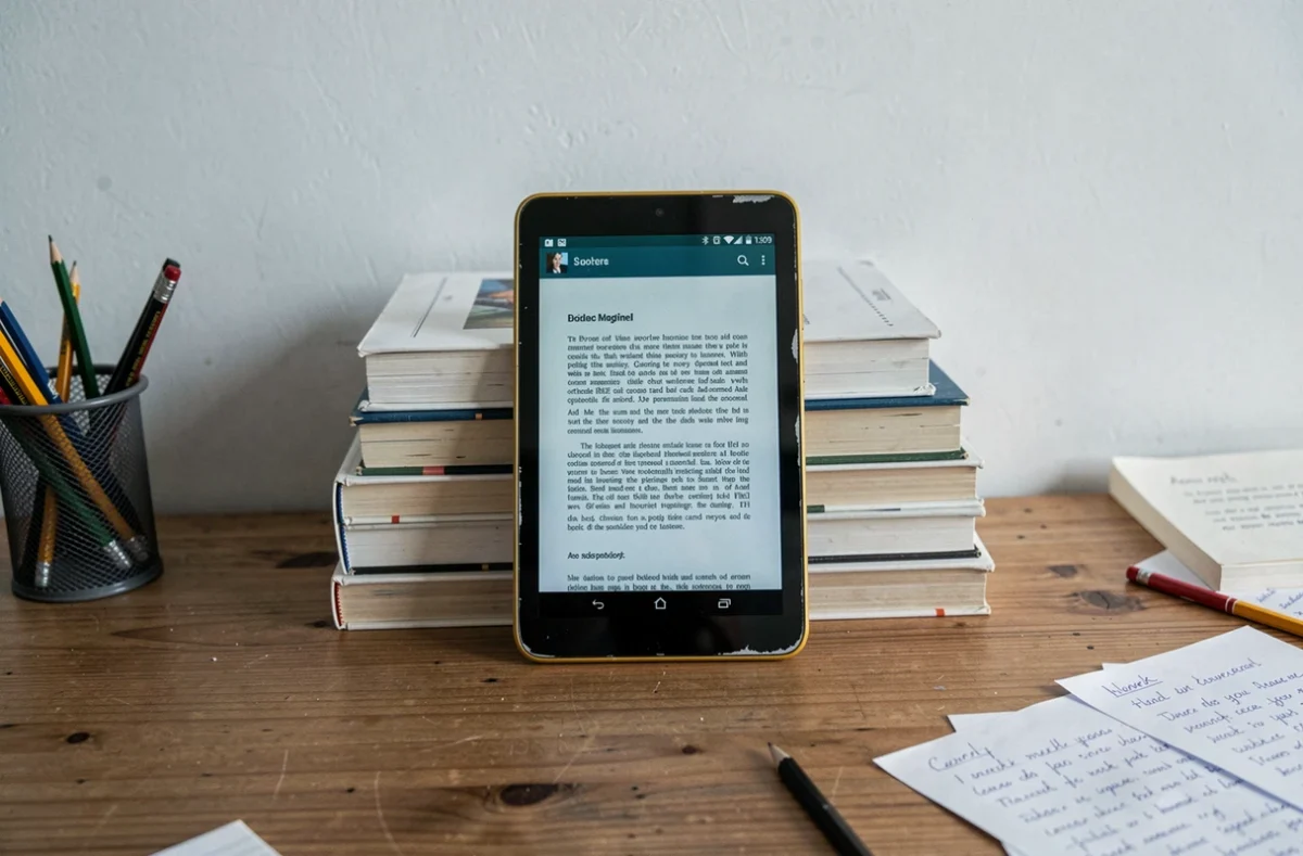 Ancienne tablette Android posée sur un bureau affichant un fichier PDF ouvert