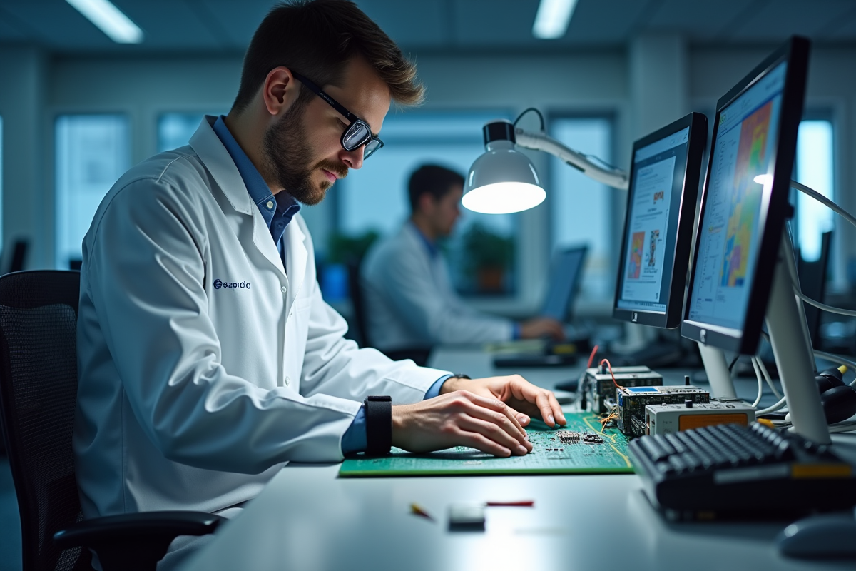 Technicien portant bracelet antistatique sur poste électronique