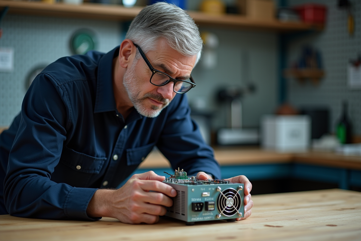 Technicien en électronique inspectant une alimentation 500VA