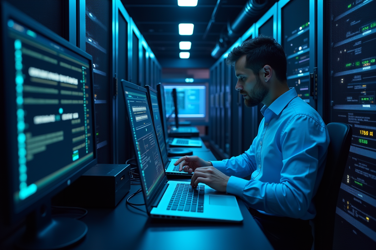 Technicien réseau configurant équipements WiFi en salle serveurs