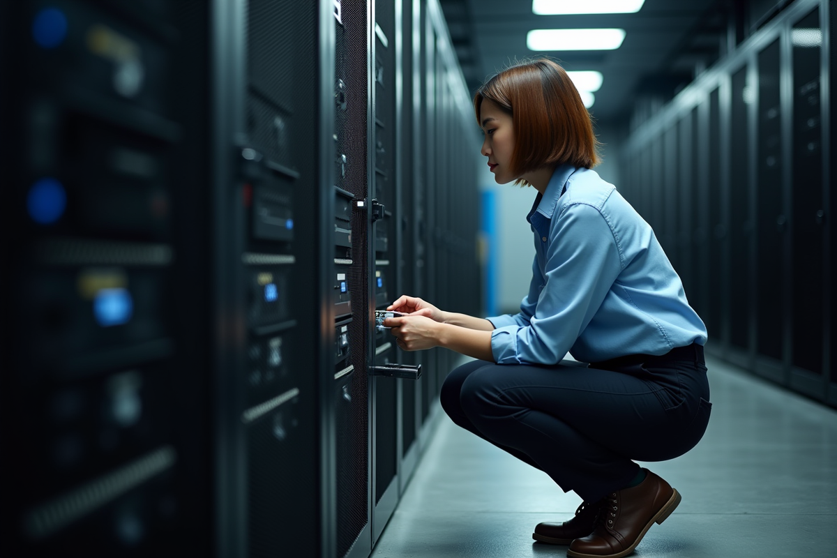 Jeune femme connectant un cable réseau dans une salle serveurs