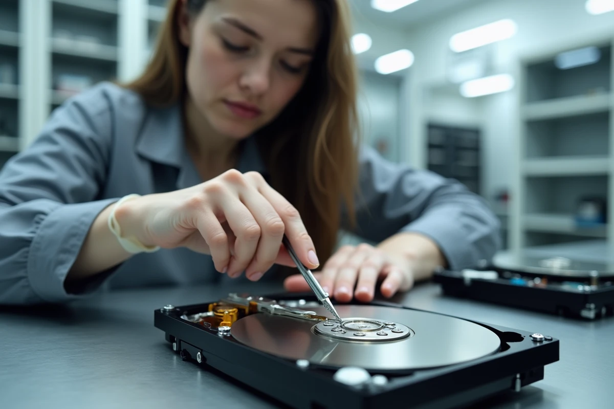 Technicienne en salle blanche inspectant les composants mécaniques internes d'un disque dur ouvert avec des pinces de précision
