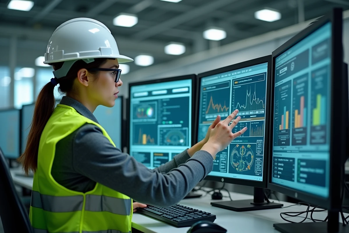Technicienne supervisant un tableau de bord d'automatisation industrielle dans une salle de contrôle