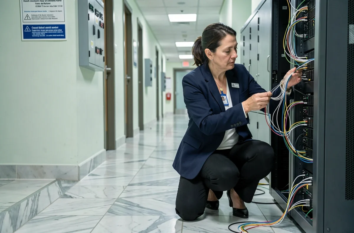 Ingénieure réseau connectant des câbles fibre optique dans un bâtiment de service public pour un marché départemental en Moselle