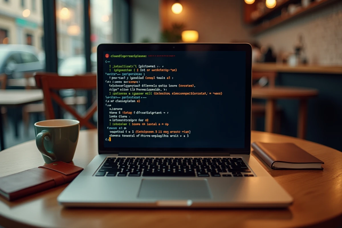 Écran de terminal affichant des commandes pip install -u pour mettre à jour des packages Python, posé sur une table de café avec un carnet et un espresso