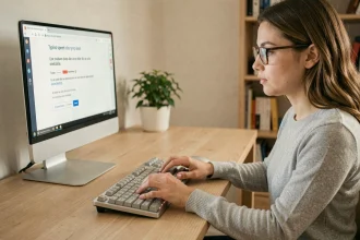 Jeune femme effectuant un test de rapidité au clavier en français sur un bureau en bois moderne avec clavier AZERTY