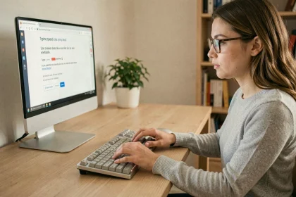 Jeune femme effectuant un test de rapidité au clavier en français sur un bureau en bois moderne avec clavier AZERTY