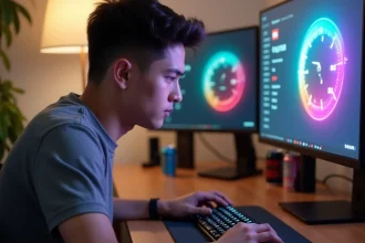 Jeune homme concentré effectuant un test de vitesse de clic sur son ordinateur de bureau avec une interface Click Kohi à l'écran