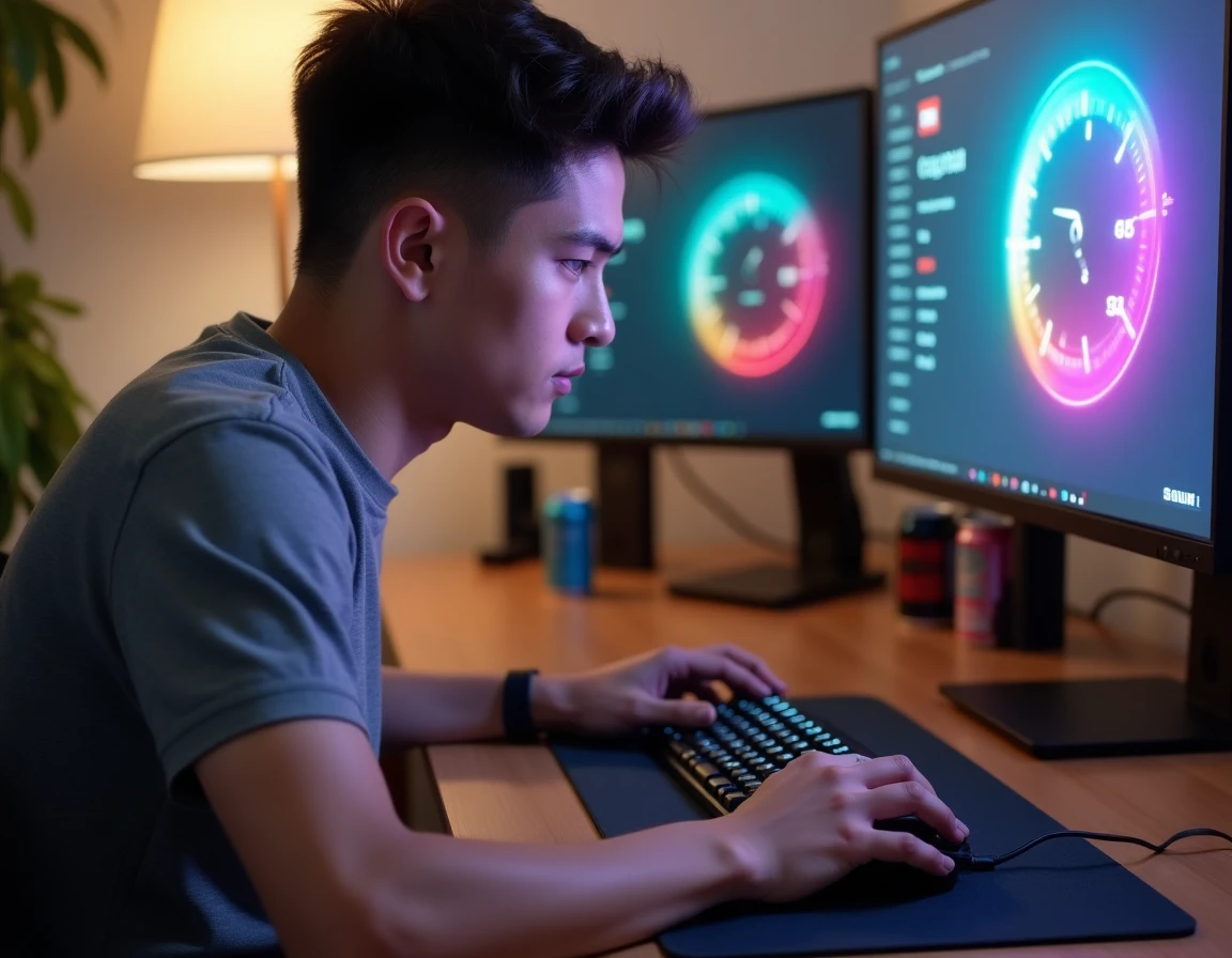 Jeune homme concentré effectuant un test de vitesse de clic sur son ordinateur de bureau avec une interface Click Kohi à l'écran