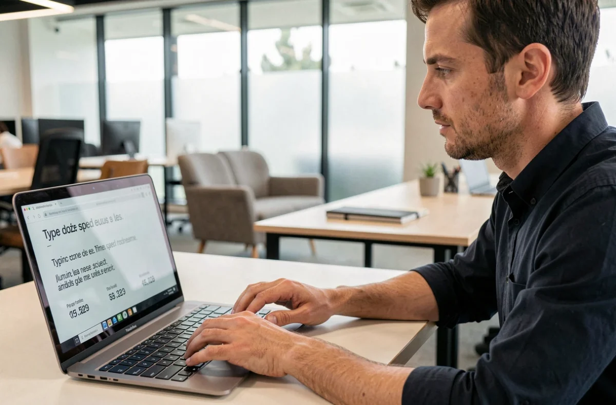 Homme adulte pratiquant un test de vitesse de frappe en français dans un espace de coworking avec ordinateur portable