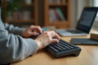 Femme utilisant la touche Shift sur un clavier AZERTY mécanique dans un bureau à domicile moderne