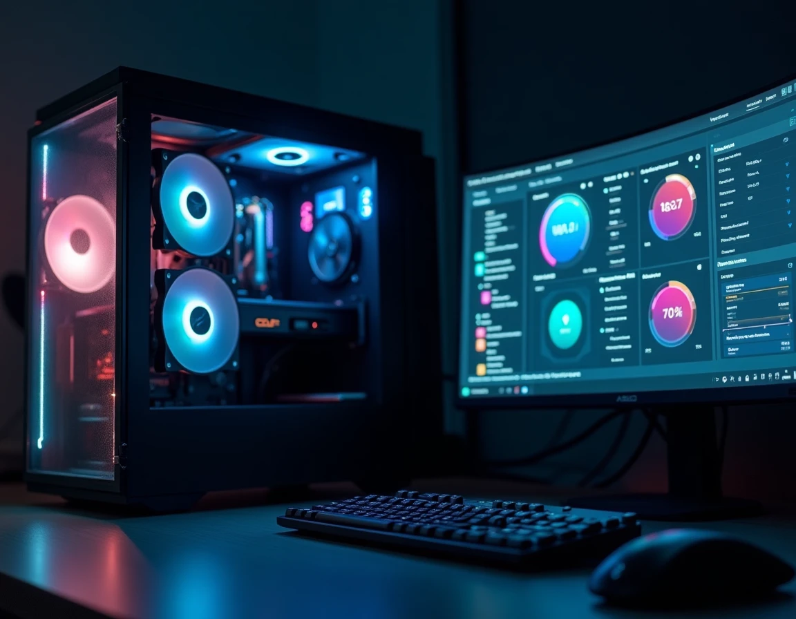 Tour gaming ASUS ROG avec interface Armory Crate visible sur écran ultrawide en arrière-plan