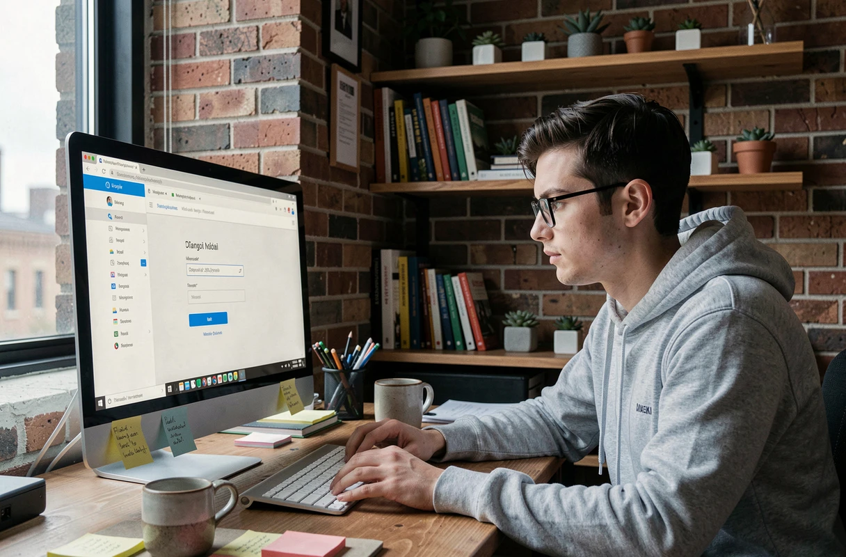 Jeune homme connecté à son webmail depuis un bureau à domicile avec un grand écran d'ordinateur