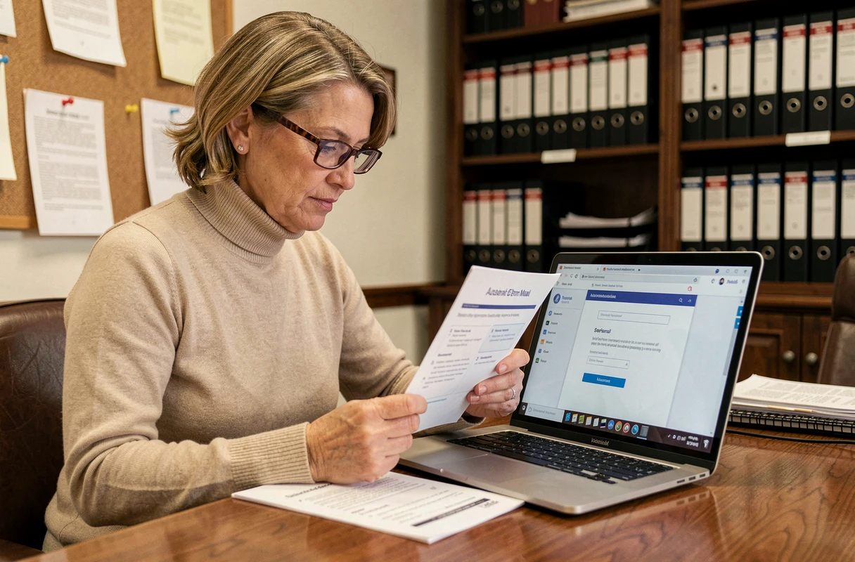 Femme utilisant un tutoriel imprimé pour se connecter à Webmail Versailles sur un ordinateur portable dans un bureau administratif