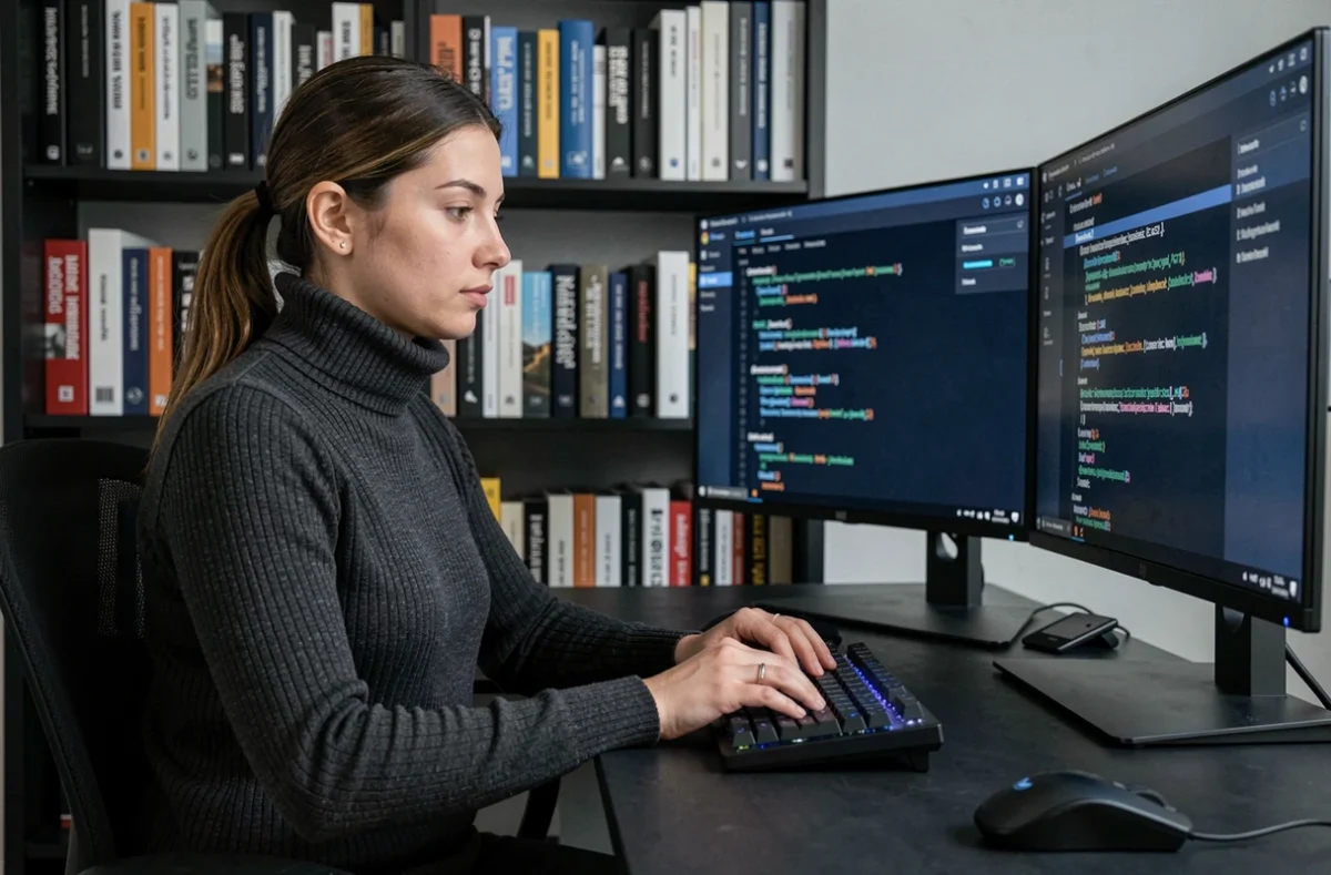 Développeuse web de l'agence Uniflow travaillant sur une interface d'API dans un studio moderne aux tons sombres