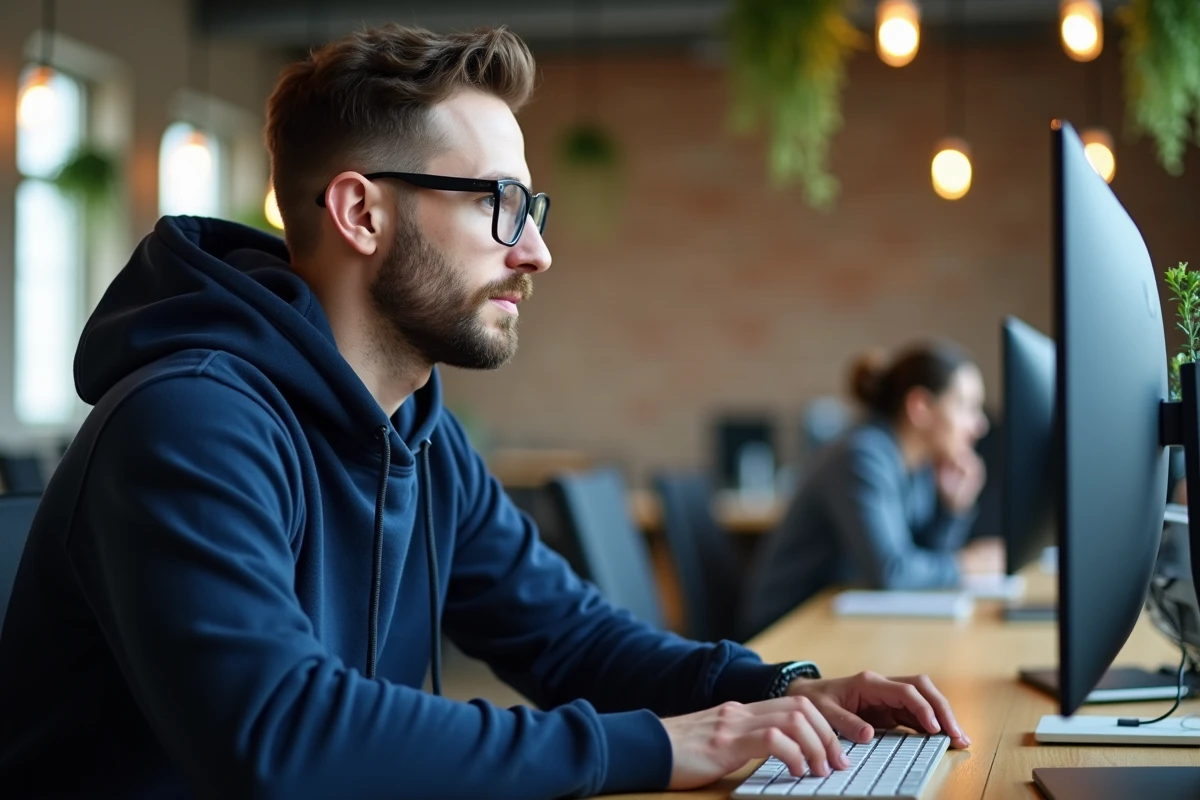 Homme en espace de coworking utilisant la touche Shift pour saisir des majuscules sur un clavier AZERTY