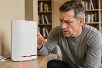Homme examinant les voyants rouges d'une box SFR fibre posée sur une étagère en bois dans un salon moderne