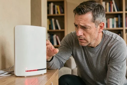 Homme examinant les voyants rouges d'une box SFR fibre posée sur une étagère en bois dans un salon moderne