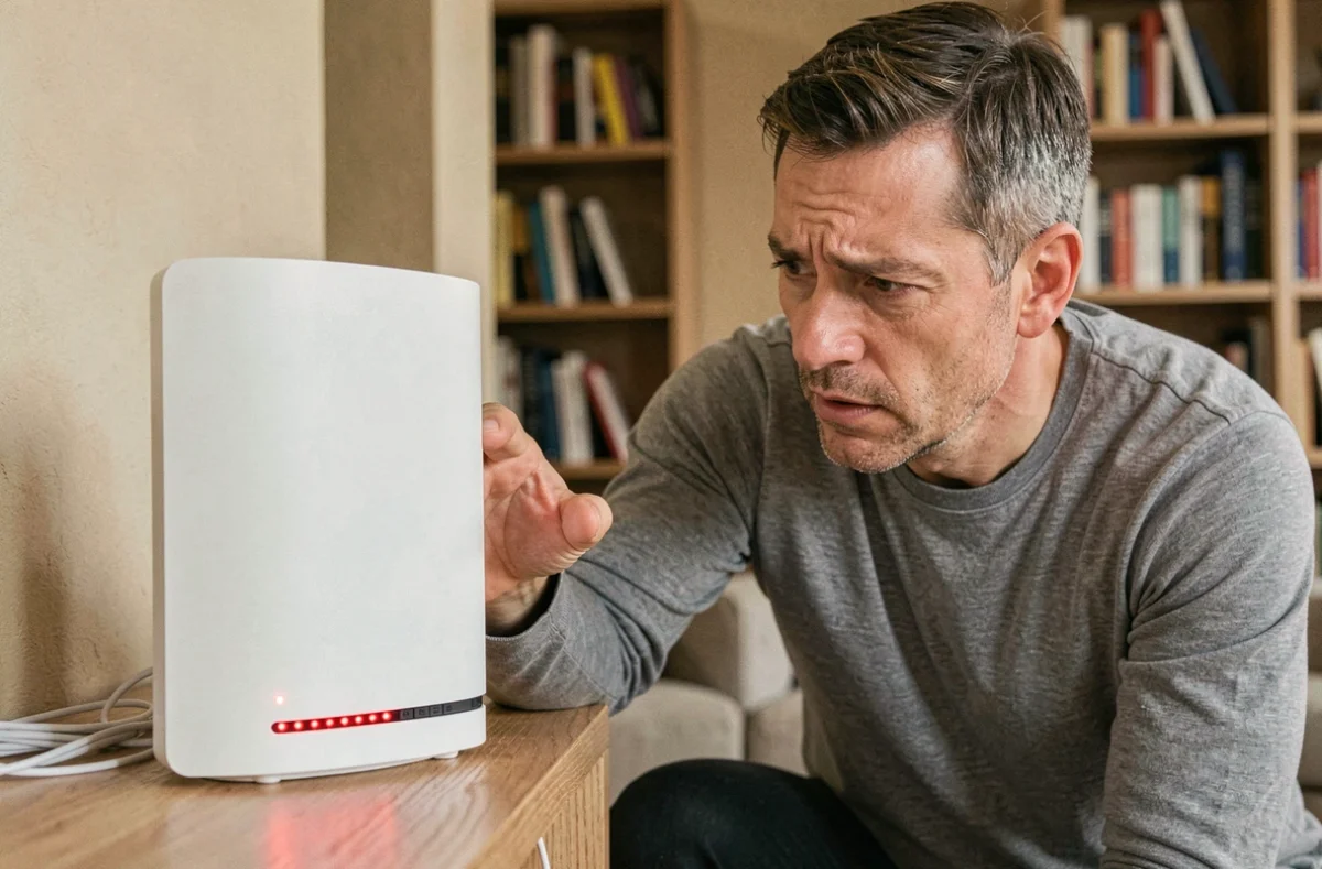 Homme examinant les voyants rouges d'une box SFR fibre posée sur une étagère en bois dans un salon moderne