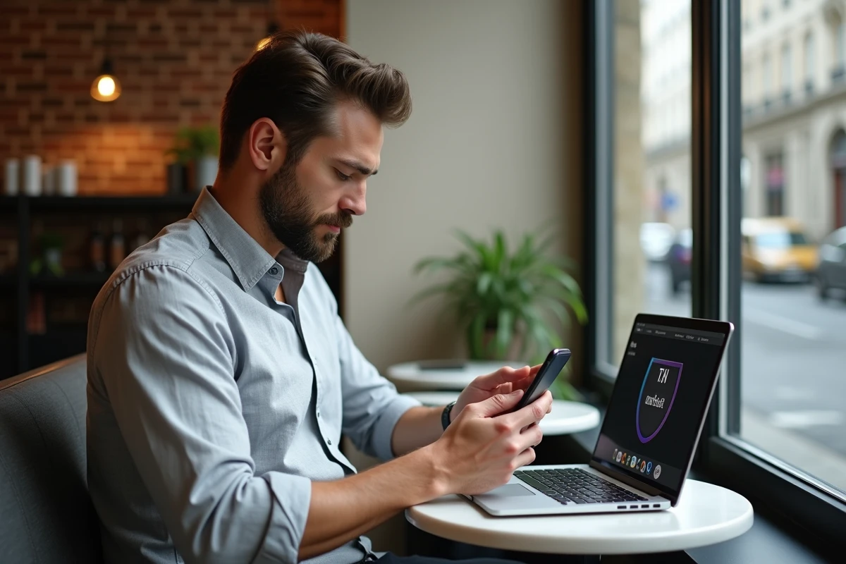 Homme utilisant un VPN dans un café parisien pour accéder à des services américains en ligne