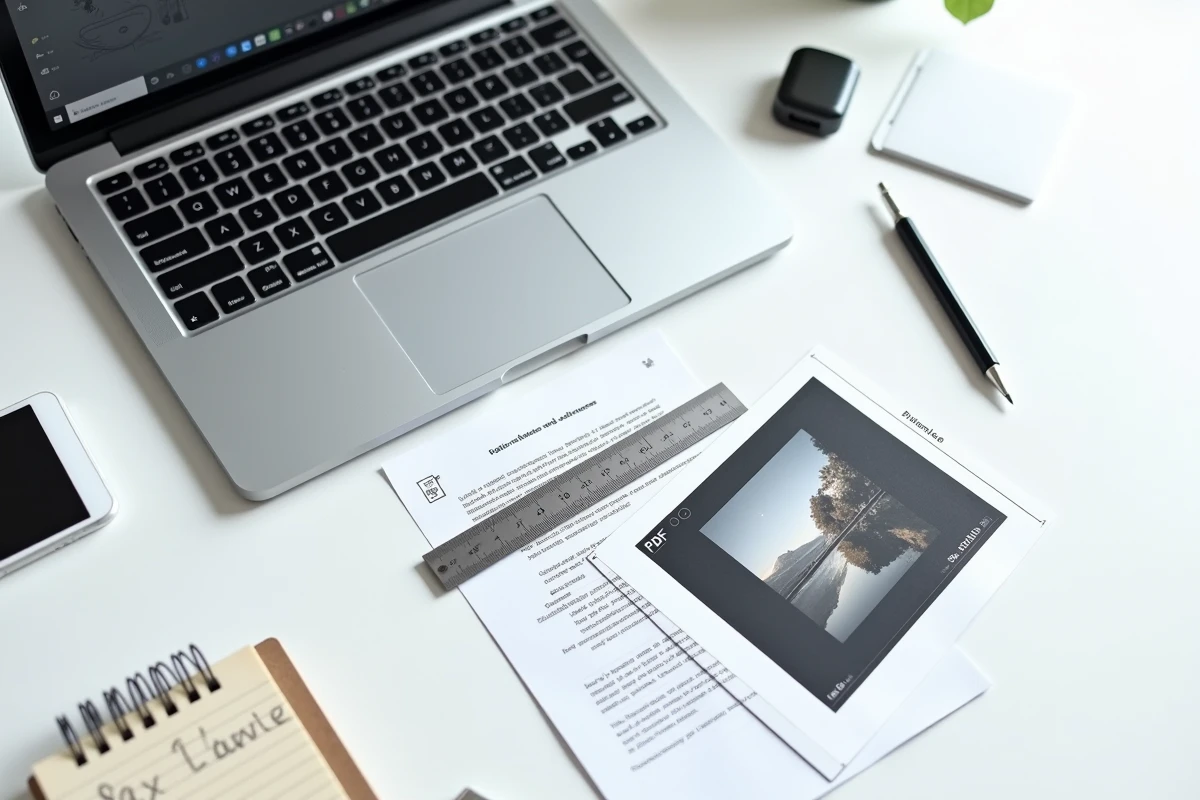 Vue aérienne d'un écran d'ordinateur affichant un PDF avec une image redimensionnée au millimètre et une règle posée sur une impression papier