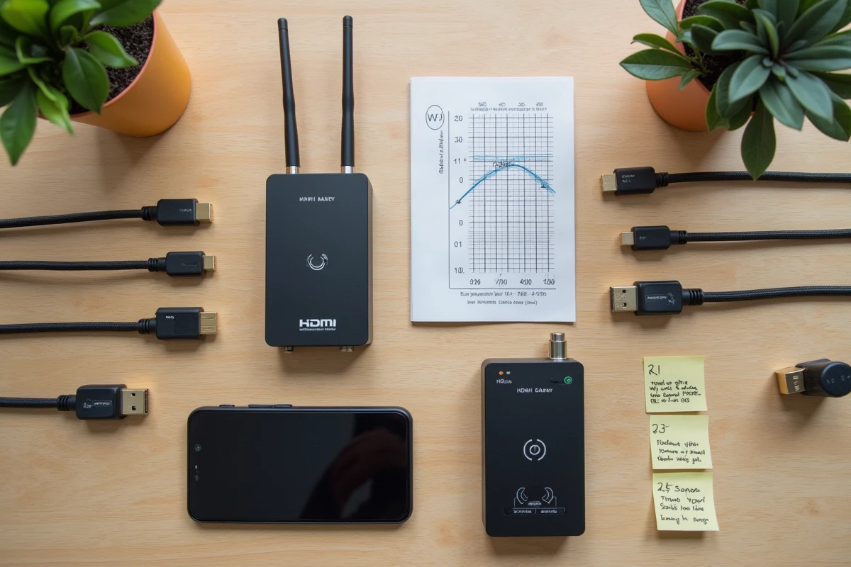 Vue aérienne d'un transmetteur et récepteur HDMI sans fil avec câbles et outils de diagnostic réseau sur une surface en bois
